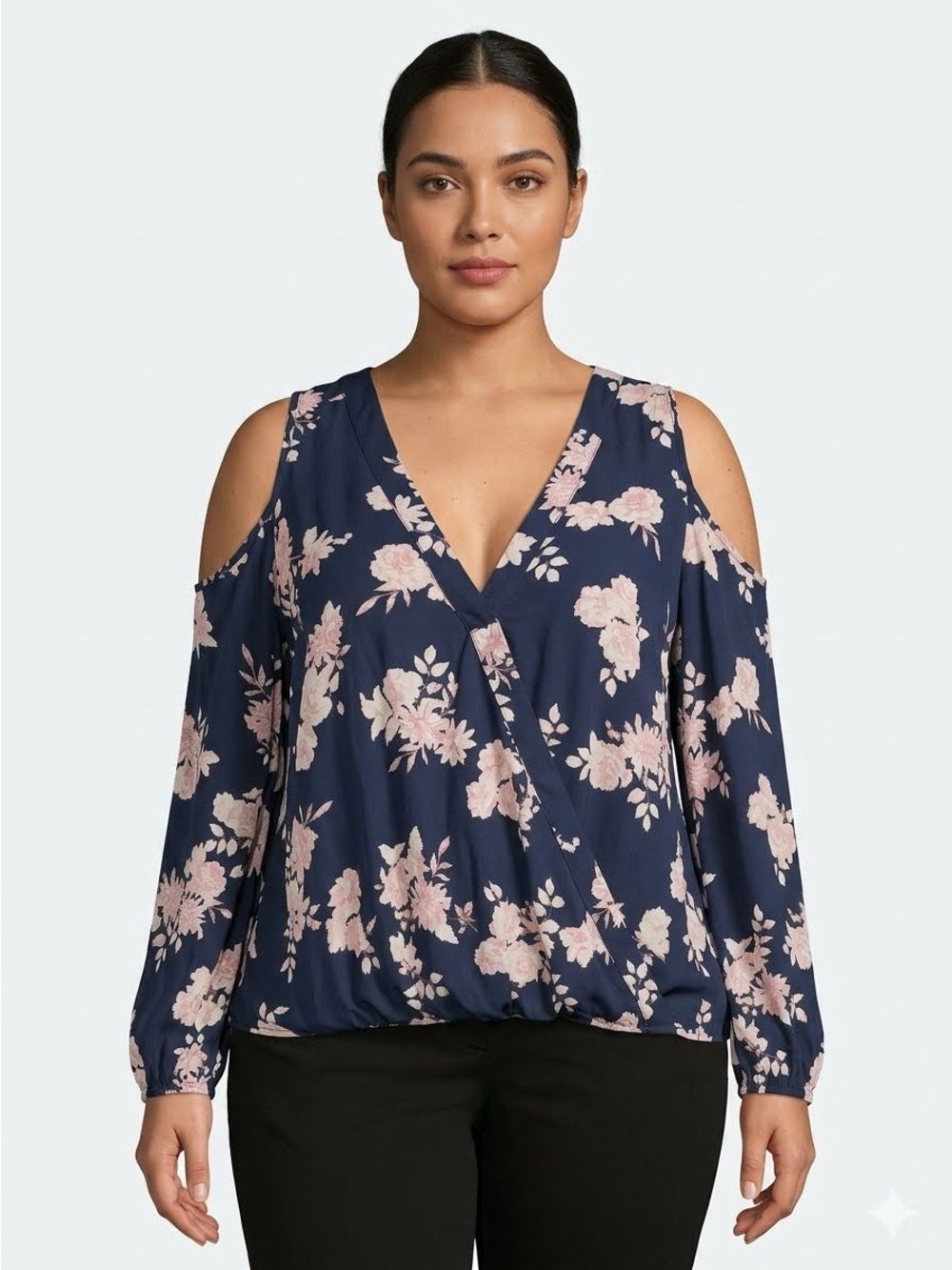 Lush Lightweight Long Sleeve Cold Shoulder Floral Faux Wrap-Front Top Size M
